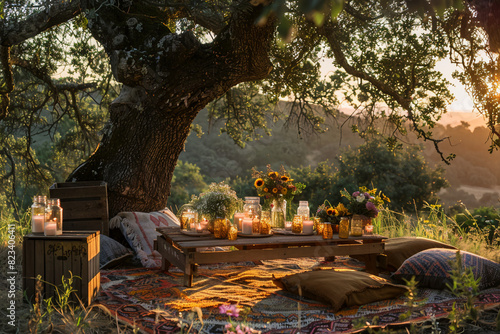 Picture a rustic picnic blanket spread out under the shade of a towering oak tree. Mason jar candles flicker in the twilight as wildflower bouquets adorn the makeshift outdoor table, surrounded by woo photo