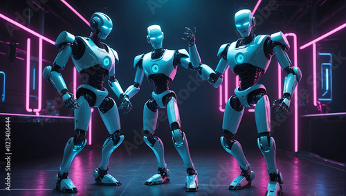 Futuristic humanoid robots engage in a dynamic pose against a dark background with colorful neon lighting. Robots feature sleek, rounded armor with bright pink and blue LED accents