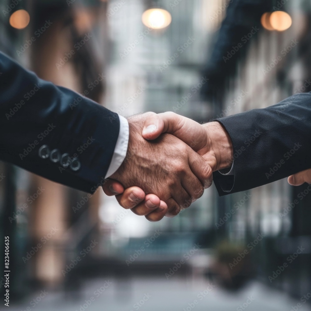 Two businessmen in suits shaking hands in front of a modern building. Two businessmen in suits shaking hands in front of a modern building.