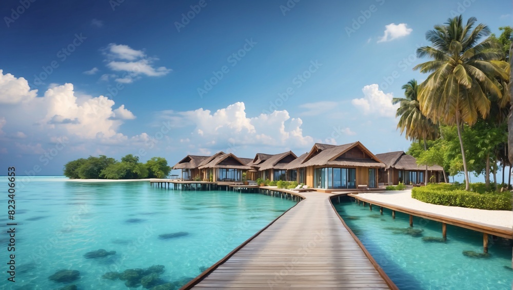 This is an image of a wooden dock leading to an overwater bungalow with a thatched roof in the middle of the ocean. The water is a bright blue/turquoise mixture, and the sky is blue with sparse white 