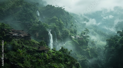 Lush green jungle with waterfalls in vietnam for travel or nature themed designs