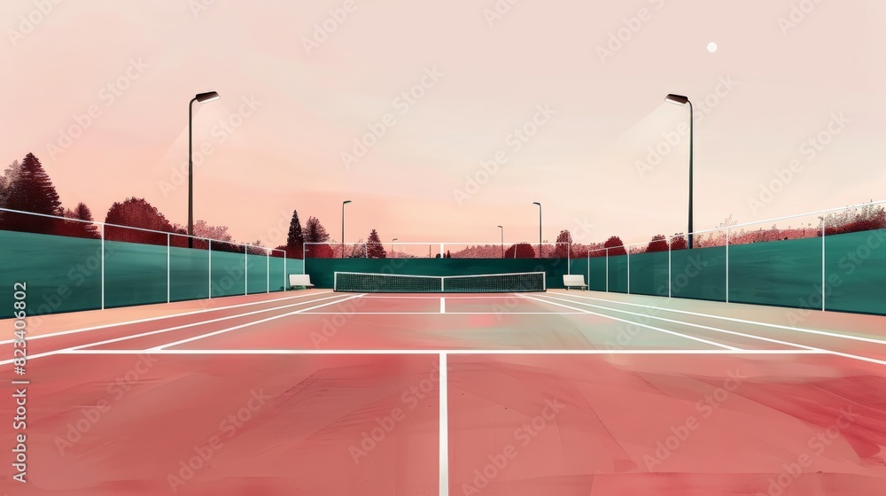 Minimalist Illustration of a Tennis Court at Sunset - Aesthetic Design