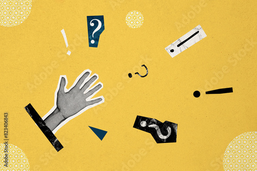 Картината върху платно Composite photo collage of hand show palm arm question exclamation symbols unsur