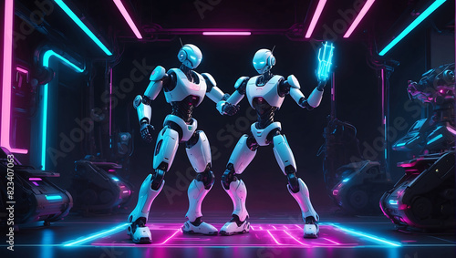 Futuristic humanoid robots engage in a dynamic pose against a dark background with colorful neon lighting. Robots feature sleek, rounded armor with bright pink and blue LED accents © mdaktaruzzaman