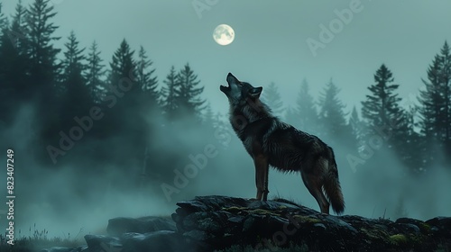 Roaming mistshrouded forests of the Pacific Northwest a solitary wolf howls beneath the light of the full moon its mournful cry echoing through the ancient trees