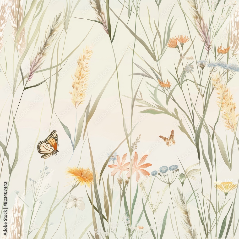 Serene Wildflower Meadow with Butterflies Illustration Serene Wildflower Meadow with Butterflies Illustration