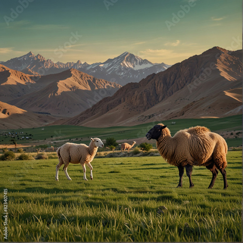 Sheep  camel and goat illustration for eid al adha  eid al adha illustration  eid al adha animals in the green field in the front of Mountains