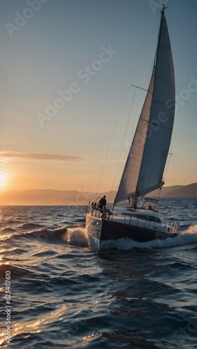 Elegant yacht sailing the sea at sunrise
