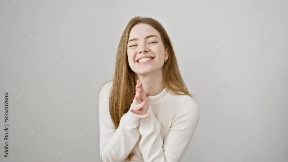 Joyful young blonde woman, wearing a sweater, celebrating her triumph with a happy smile and winner expression, screaming in excitement while standing against a white isolated background Joyful young blonde woman, wearing a sweater, celebrating her triumph with a happy smile and winner expression, screaming in excitement while standing against a white isolated background