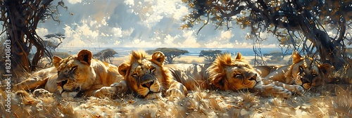 Roaming savannahs of Africa a pride of lions lounges in the shade of an acacia tree their golden coats shimmering in the midday sun