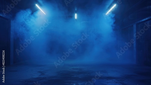 Blue Dark Empty Street Background - Neon Light Spotlights Night Scene with Smoke Asphalt Floor Studio Room 