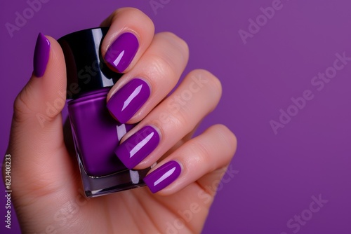 Woman's Hand With Short Nails Painted In Purple Holding a Purple Nail Polish Bottle Purple Background Nail Salon