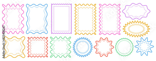 Retro frame with wavy border. Psychedelic rectangle groovy shapes. Circle figures outline. Design elements
