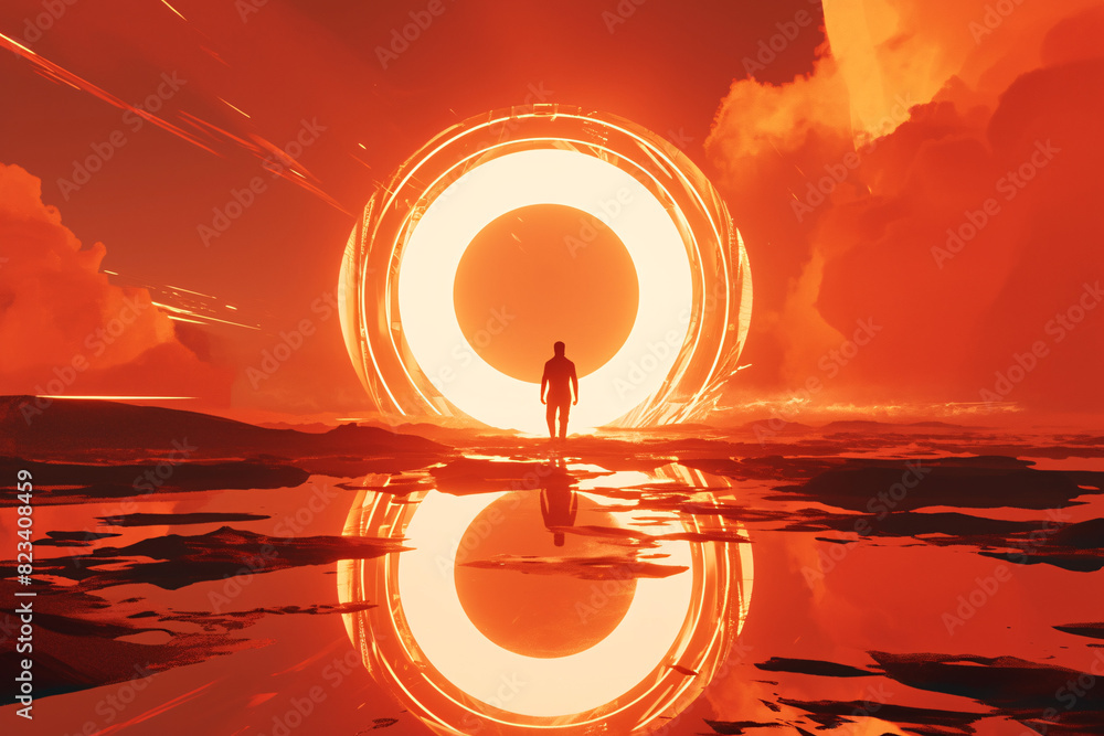 Silhouette of a man standing in front of a glowing fiery portal ...