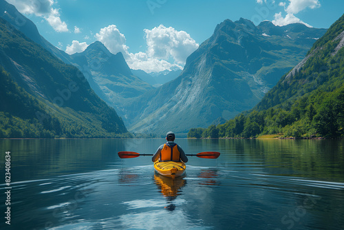 A serene lake surrounded by mountains, with a person kayaking and pausing to drink water from a bottle, enjoying the natural beauty. photo