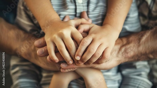 Close-up of hands stacked together  symbolizing unity and family.