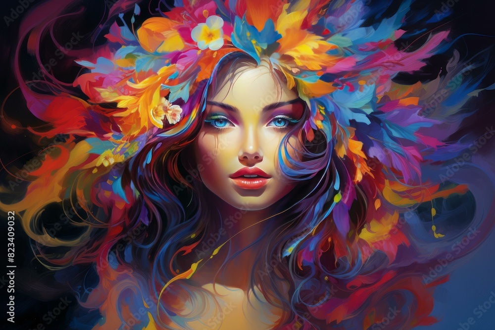 Digital art of a vibrant. Colorful floral fantasy portrait of a beautiful woman adorned with a flower crown. Showcasing artistic illustration. Abstract creativity. And modern botanical blooms