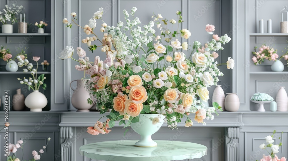 A vintage kitchen adorned with a large bouquet of roses, ranunculus, and chrysanthemums, delicately arranged in the shape of an open heart on a green marble table.