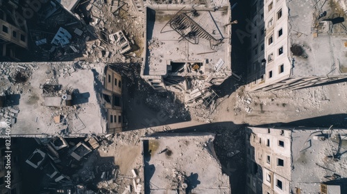 Aerial view showcasing the extensive destruction of a city with ruined buildings and debris, reflecting the impact of war.
