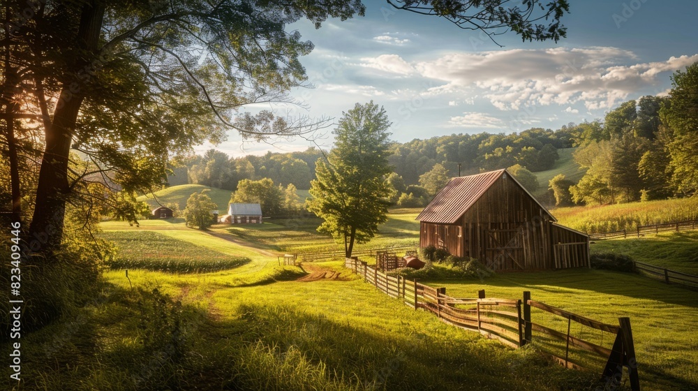 A farm with a barn standing in the center of a vast field, surrounded by greenery and under a clear sky. A farm with a barn standing in the center of a vast field, surrounded by greenery and under a clear sky.