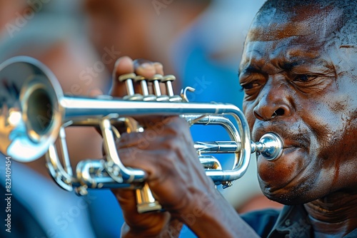 A close-up of a skilled trumpeter playing a solo at the Guca Trumpet Festival, with intense focus on their face and the audience captivated by the music photo