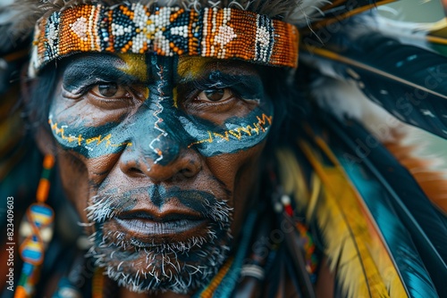 A close-up of a tribesman at the Mount Hagen Show, showcasing intricate face paint, colorful beads, and a striking feathered headdress, with an intense and proud expression