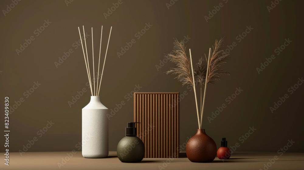 A collection of vases and a box with a brown border