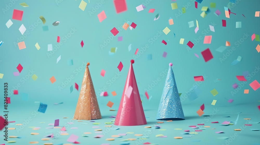 Three colorful party hats with confetti on a blue background. Three colorful party hats with confetti on a blue background.