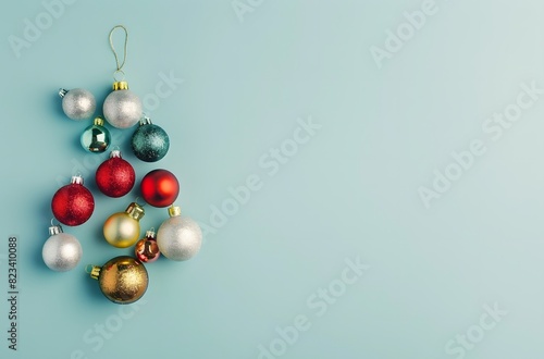 Christmas Ornaments Arranged in Ornament Shape on Pastel Blue