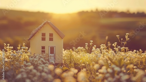 A small house model stands in a field of wildflowers at sunset.