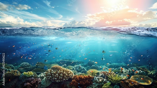 Underwater and above water view with coral reef marine life against sunset sky