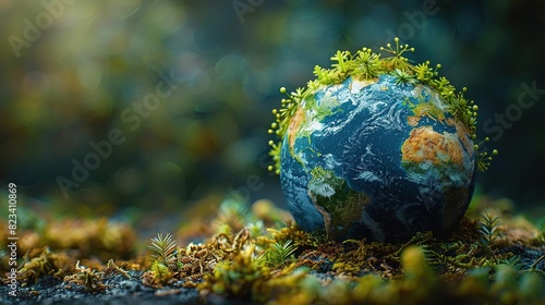 A small globe with green moss growing on it, representing the Earth and nature. photo