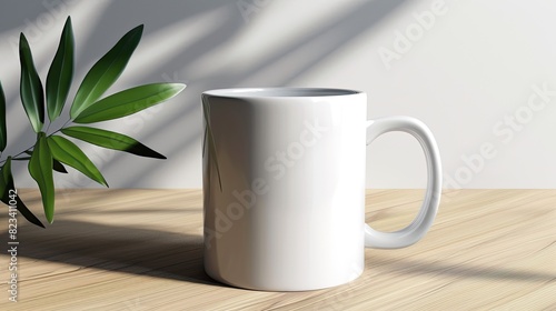 White mug mockup  placed on a wooden table by a window with natural light streaming in  side view.