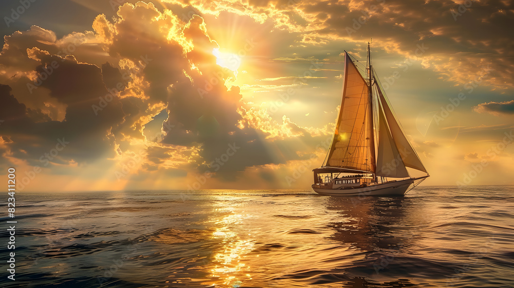 Sailboat cruises on the ocean under a captivating sunset with rays of light piercing the clouds