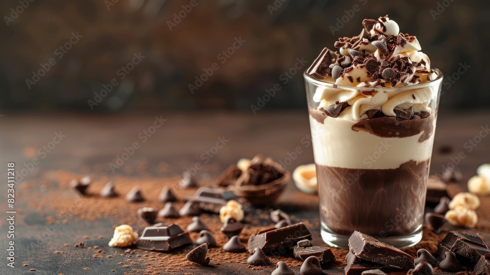 Layered chocolate dessert topped with whipped cream and shavings on dark background Layered chocolate dessert topped with whipped cream and shavings on dark background