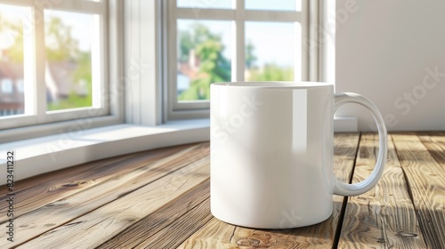 White mug mockup, placed on a wooden table by a window with natural light streaming in, side view.