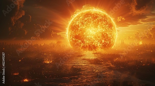 A massive, fiery sun dominates the sky, casting an apocalyptic glow over a landscape consumed by flames. photo