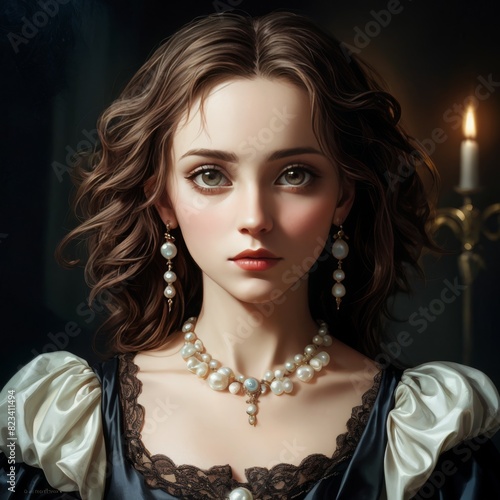 A detailed portrait of a young woman in a historical costume  adorned with pearl jewelry and illuminated by the soft glow of a candle. Captures a classic and elegant atmosphere.