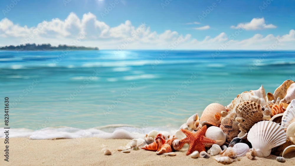 Seashells scattered on a sandy beach with swaying palm trees in the background Seashells scattered on a sandy beach with swaying palm trees in the background