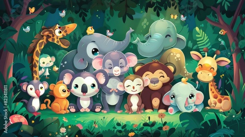 There are koalas  penguins  giraffes  monkeys  elephants  whales and penguins in this animal and baby modern illustration.