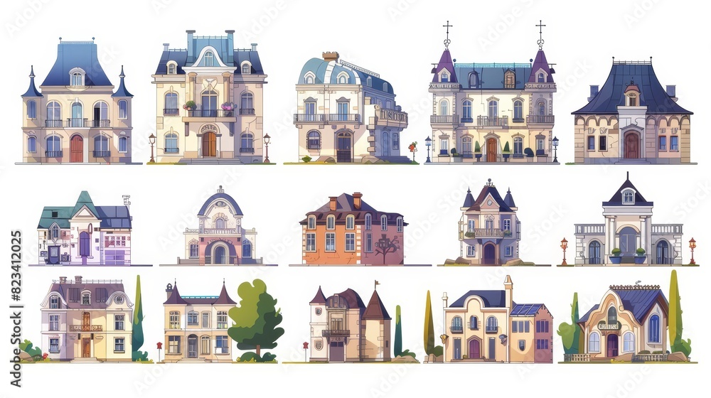 Different types of residential homes. Modern and retro city architecture. Illustrations of house fronts.