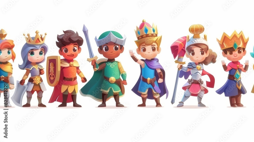 On white background, cute children stand in a row and wave. Funny cartoon character. On white background, cute children stand in a row and wave. Funny cartoon character.