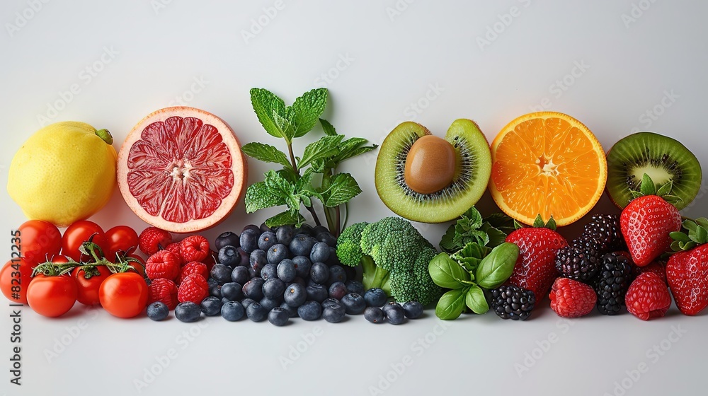 Assortment of fresh fruits and vegetables arranged in a rainbow pattern on a white background. Assortment of fresh fruits and vegetables arranged in a rainbow pattern on a white background.