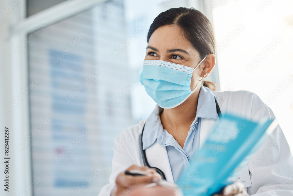 Health, brochure and doctor in hospital for consulting, medical information or virus. Safety, pandemic and advice with physician woman with mask for disease, protection or covid vaccination in clinic Health, brochure and doctor in hospital for consulting, medical information or virus. Safety, pandemic and advice with physician woman with mask for disease, protection or covid vaccination in clinic