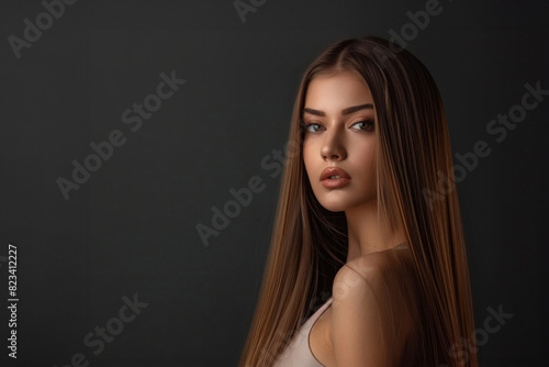 Young woman with long brown hair on a dark background