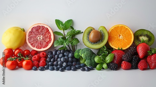 Assortment of fresh fruits and vegetables arranged in a rainbow pattern on a white background.