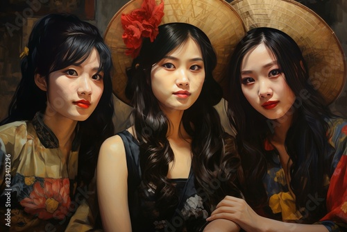 Elegant portrayal of three women adorned in cultural garments with a warm, artistic backdrop