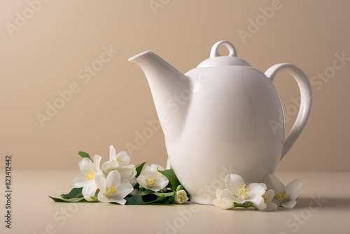 A white teapot with a jasmine flowers