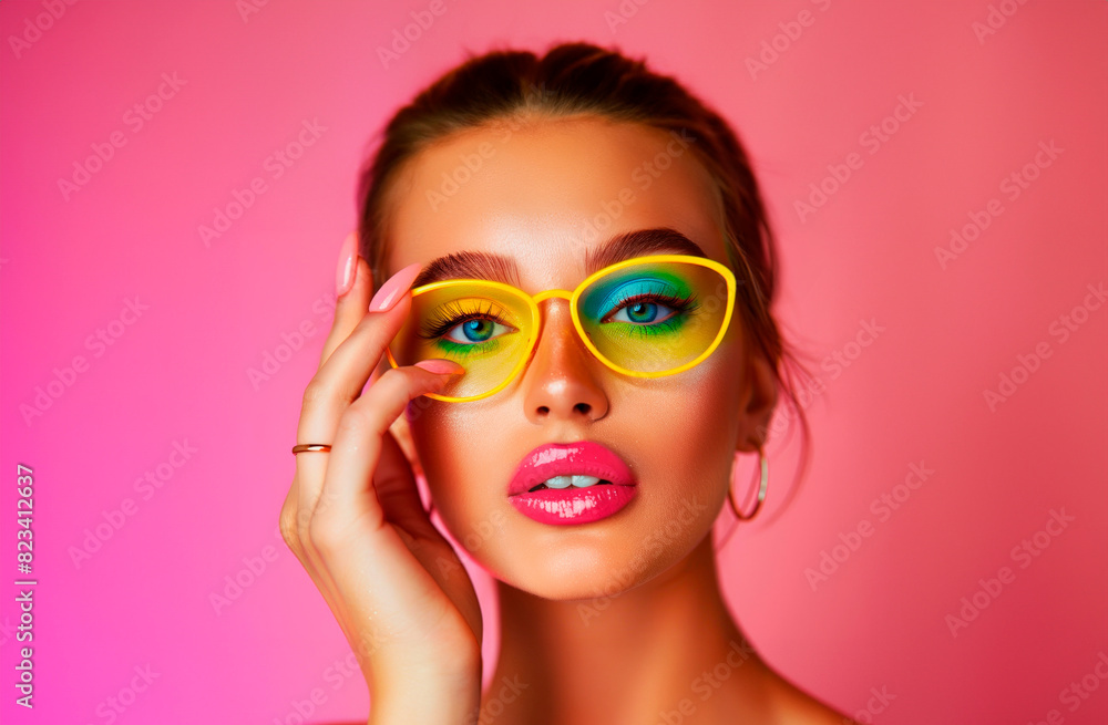Woman Posing Against Vibrant Pink Background With Colorful Sunglasses and Bold Makeup During Daytime