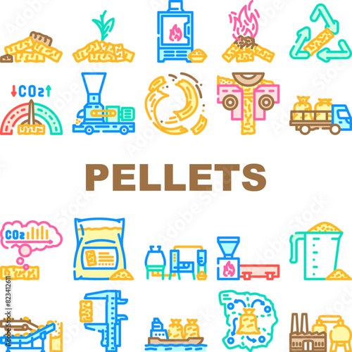 wood pellets eco energy icons set vector. ecological environment, falling, fire firewood, flaming flowing, fossil fuel granule wood pellets eco energy color line illustrations